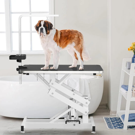 Hydraulic Pet Grooming Table w/Anti-Static Table Top,Heav Duty Z-Lift Dog Grooming Table/21-36 w/Armrests/Leash Covers/, 330LBS