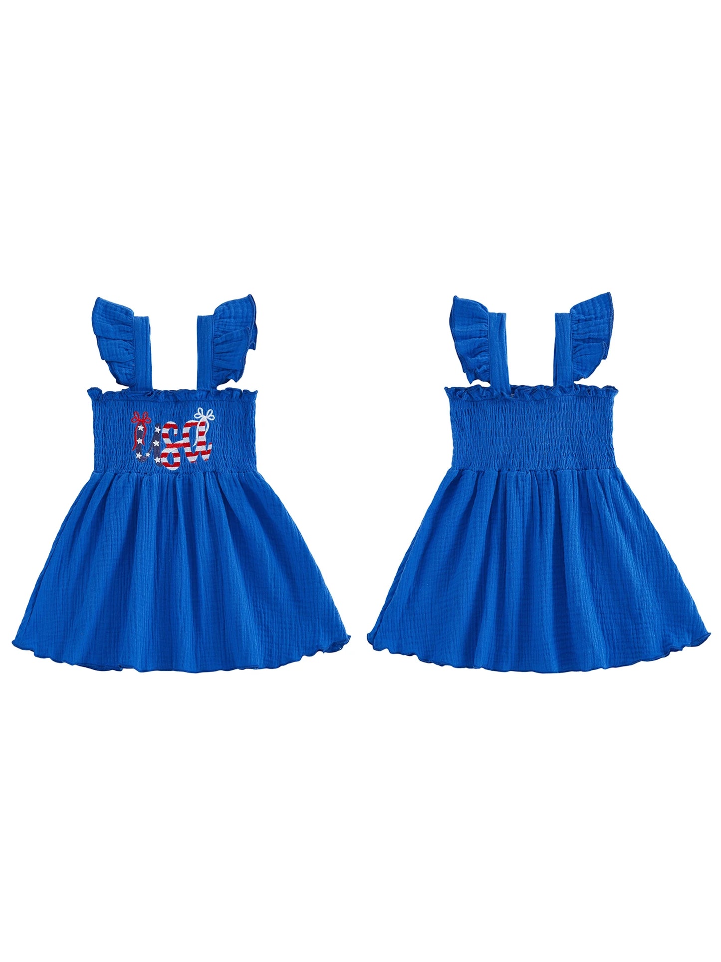 Toddler Girl s 4th of July Dress with Flying Sleeves Square Neckline Embroidered Letters and Smocked A-Line Design for a