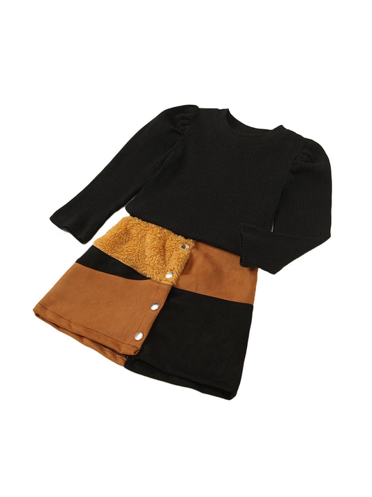 Children s Long Sleeve Knit Sweater and Buttoned Skirt Set Round Neck Bubble Sleeve Patchwork Outfit for Girls