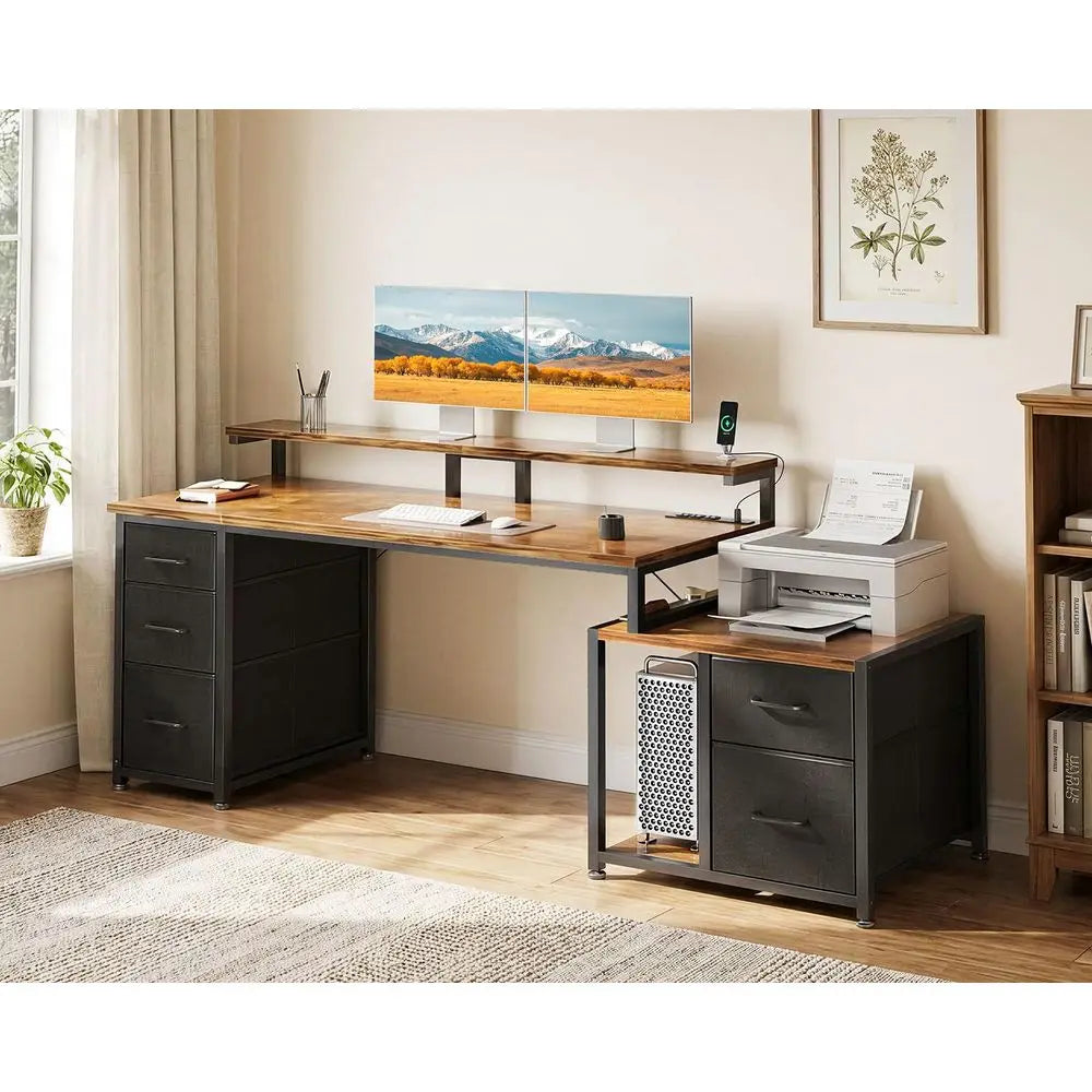 68 Computer Desk with Printer Shelf amp 5 Fabric Drawers, Rustic Brown Office Desk with Power Outlet amp CPU Storage for Home O