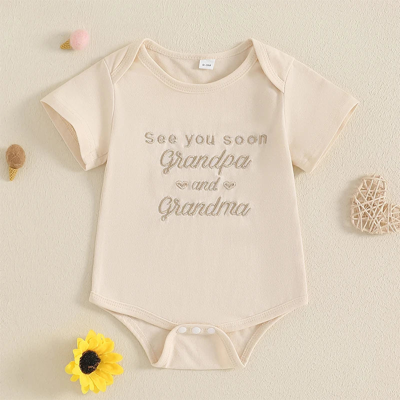 Adorable Infant Unisex Jumpsuit with Alphabet Embroidery and Short Sleeves Stylish Baby Outfit for Warm Weather