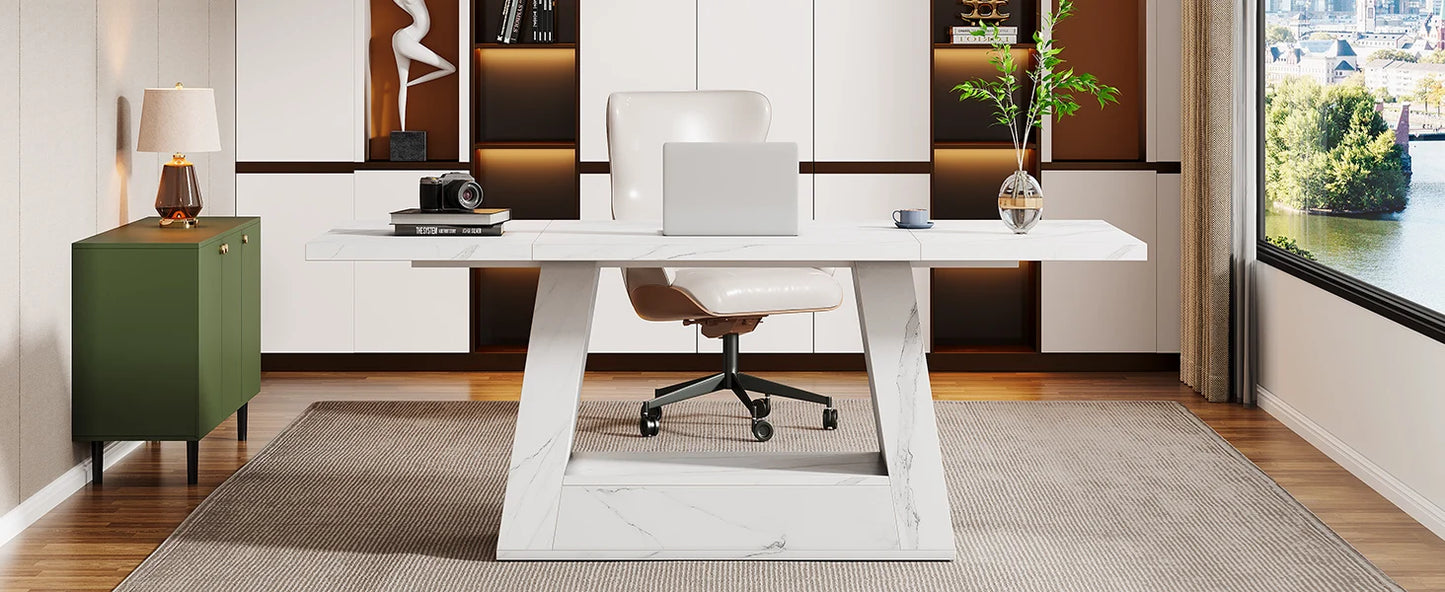 Modern Computer Desk, 63-Inch Large Office Desk , Simple Style Executive Desk, Faux Marble Writing Desk for Home Office