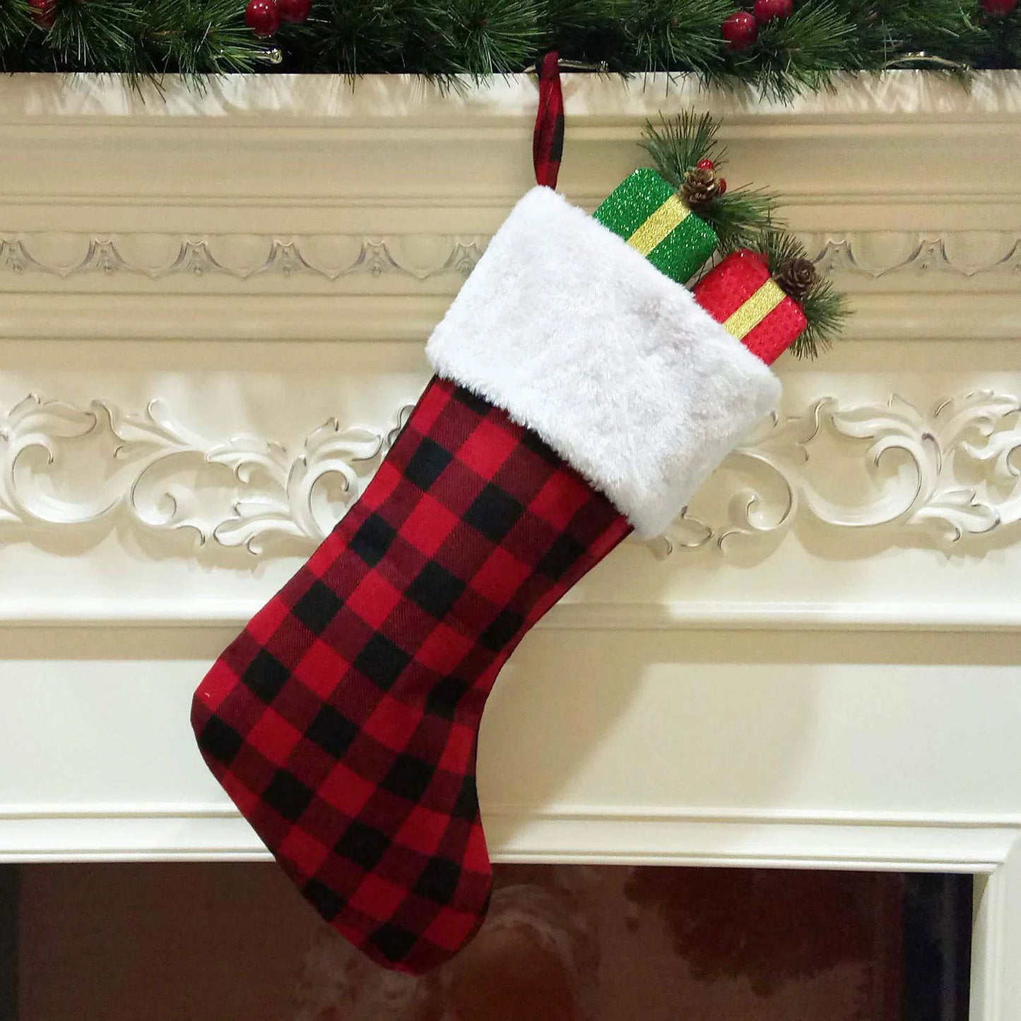 Navidad 2025 Novedades Red And Green Plaid Snowflake Socks Christmas Decorations Home Decor Adornos NavideñOs