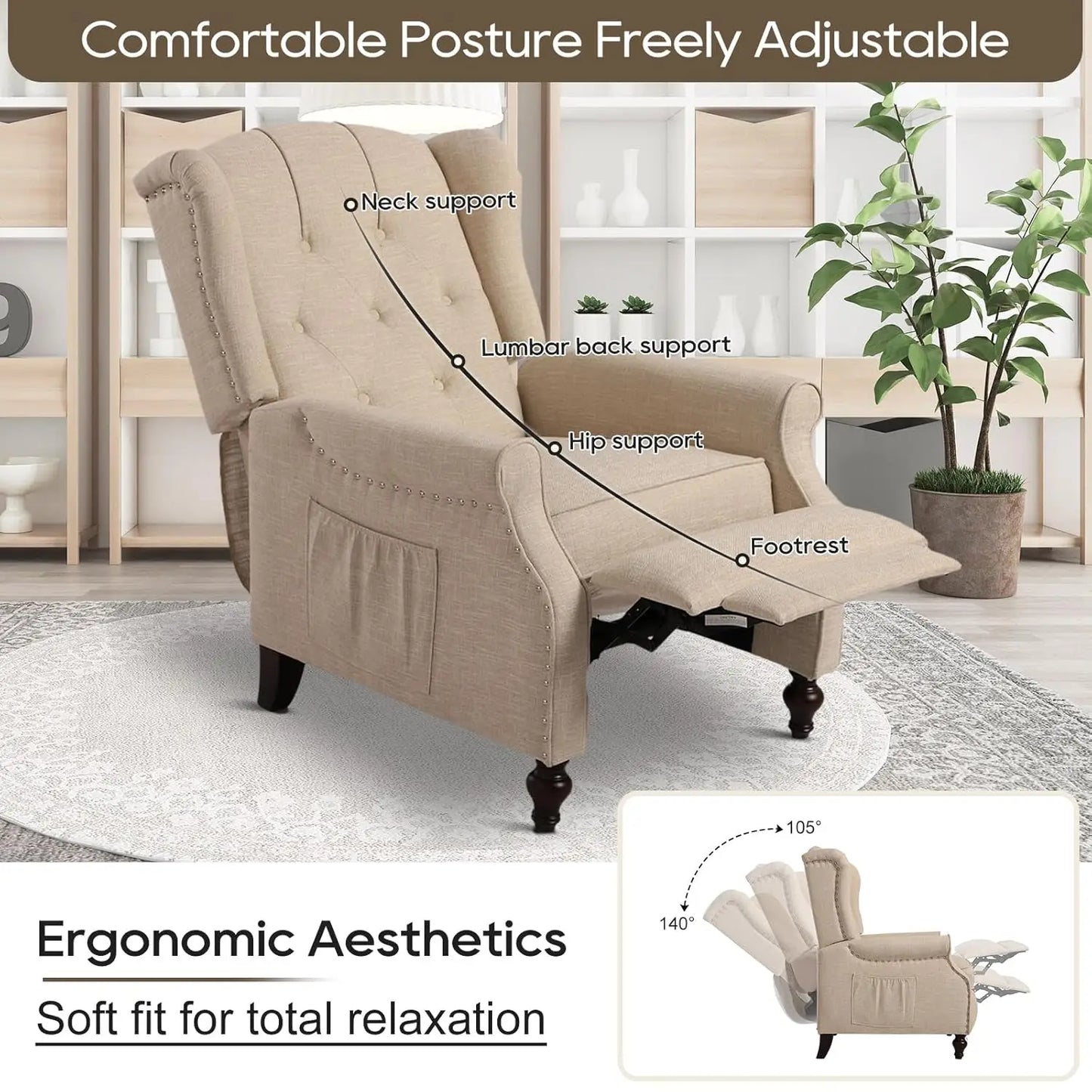 Massage Heat Wingback Recliner Push Back Armchair Living Room Bedroom Home Theater Beige,Customized