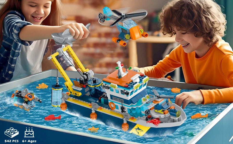 HOGOKIDS Floatable Boat Building Set with LED-Fun Arctic Explorer Ship with Helicopter Sub Shark Cage Birthday Gift for 6+kids