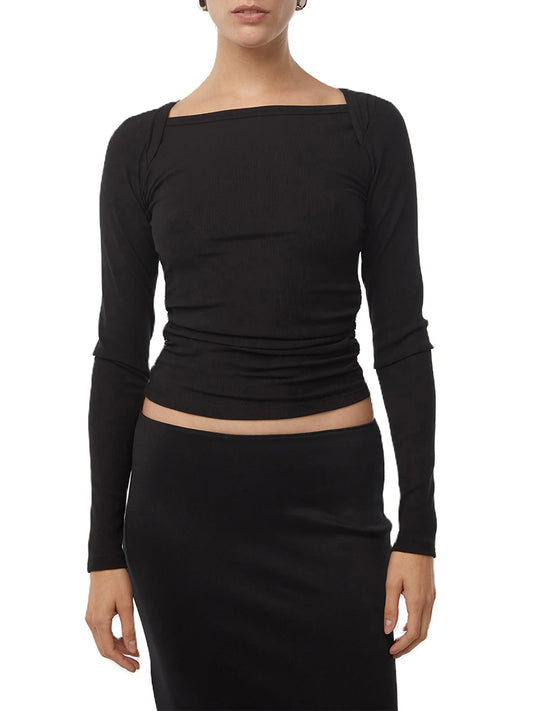 Women Long Sleeve Crop Tops Solid Color Boat-Neck  Fit T-Shirts Spring Fall Bottoming Shirts Streetwear