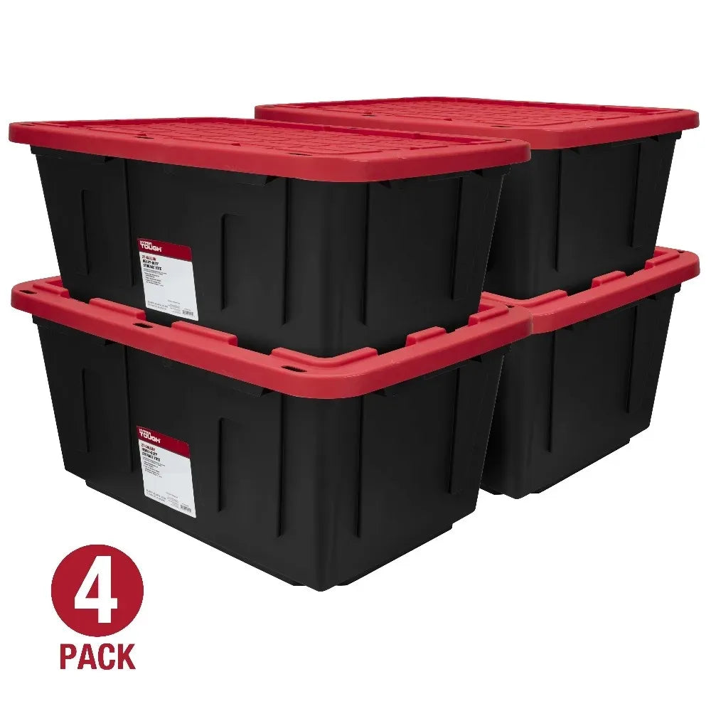 (6 pack/ 4pack) Hyper Tough Large Storage Bin, 27 Gallon Plastic Storage Container with Snap-On Lid, Black and Red