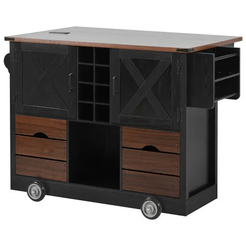 54"Kitchen Island with Drop Leaf, Power Outlet, Kitchen Storage Cart with 2 Doors, 2 Drawers, 4 Large Wheels