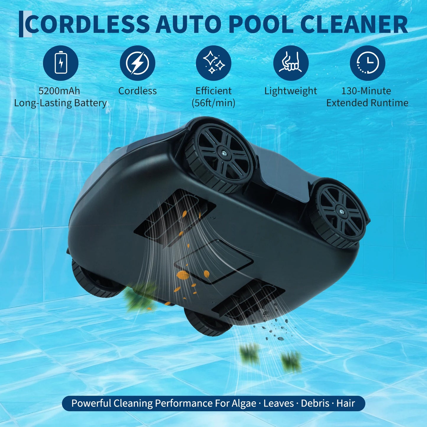 Cordless Robotic Pool Suction Cleaner – 130-Min Runtime, Powerful 5200mAh Battery, Self-Parking, Efficient Filtration, Lightweight & Portable Automatic Sweeper For Pools up to 860 Sq.Ft