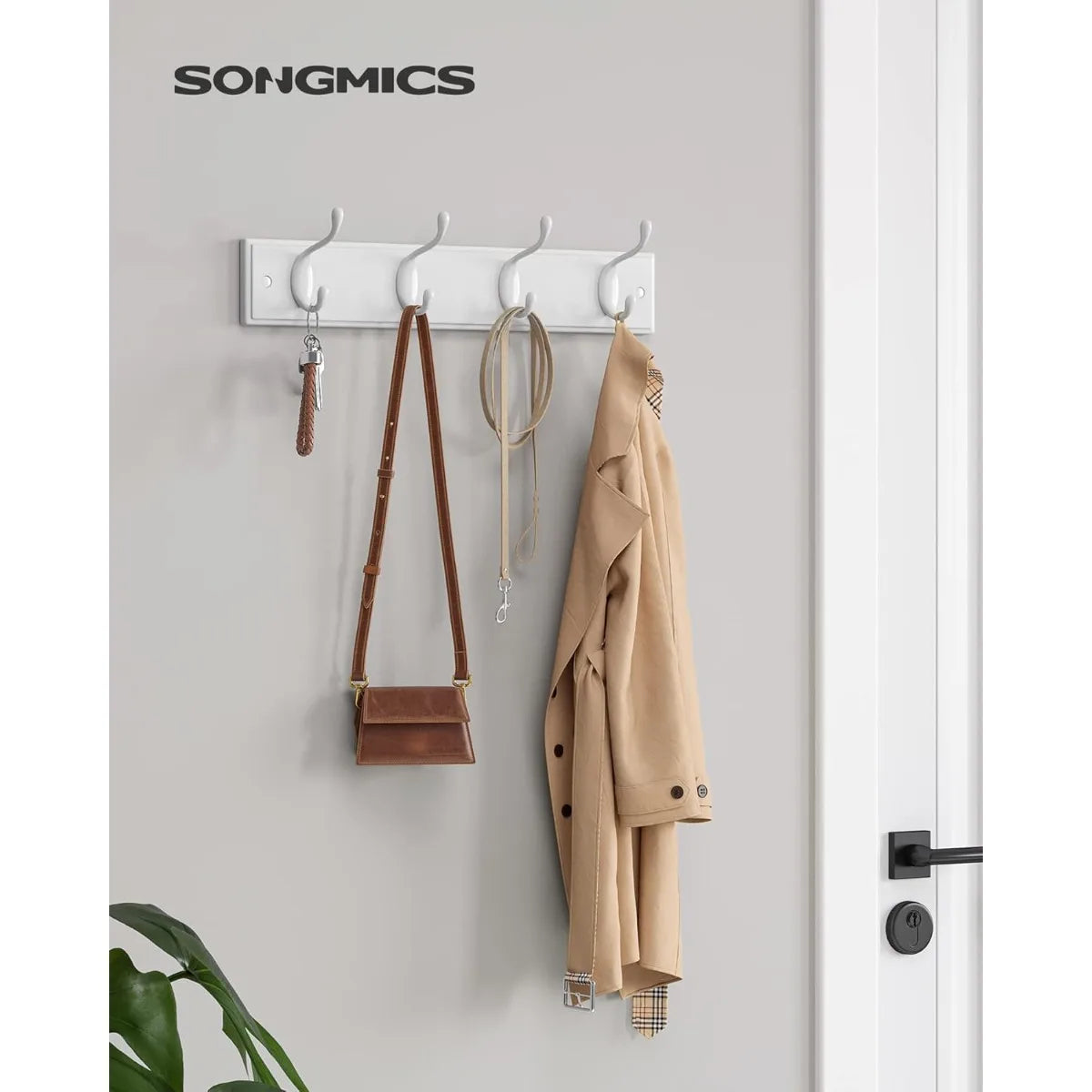 Wall Mounted Coat Rack with 4 Dual Metal Hooks for Entryway Bedroom Living Room Storage White