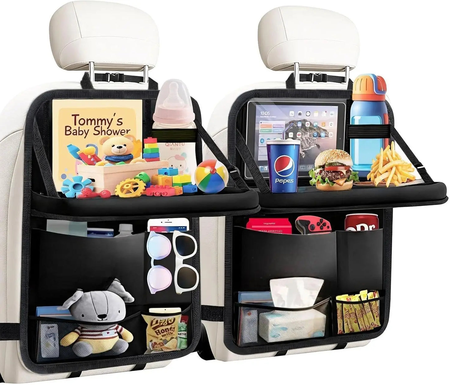 Car Seat Organiser Back Seat Kick Protector with Tray and Tablet Storage for Kids, 2 Pack