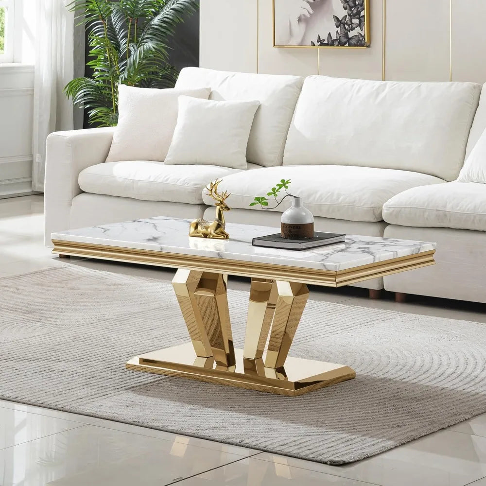 Luxury Marble Coffee Table with Stainless Steel Pedestal, 47" Modern Gold Coffee Table for Living Room, Rectangle Faux Marble To