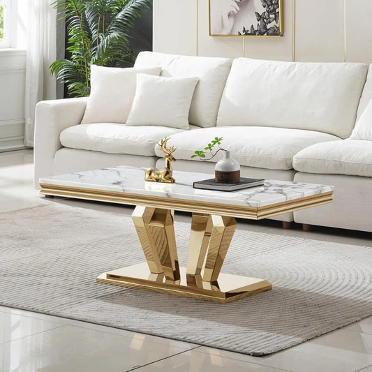 Luxury Marble Coffee Table with Stainless Steel Pedestal, 47" Modern Gold Coffee Table for Living Room, Rectangle Faux Marble To