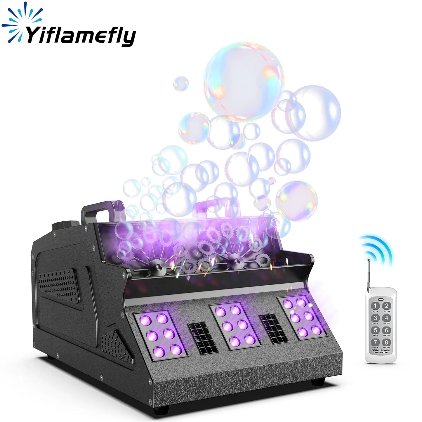 Yiflamefly 1500W Bubble Fog Machine 8 RGB 3IN1 LED Smoke Bubble Machine DMX Stage Light with Remote Control For DJ Wedding Party