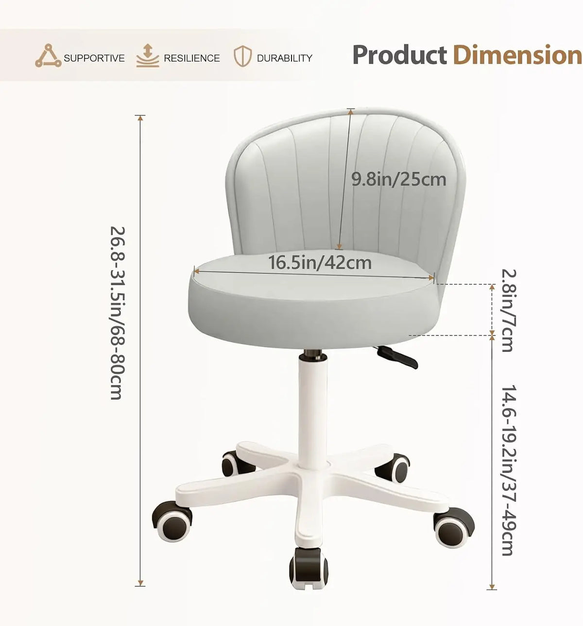 Small Round Armless Rolling Desk Chair Height Adjustable Swivel Vanity Seat