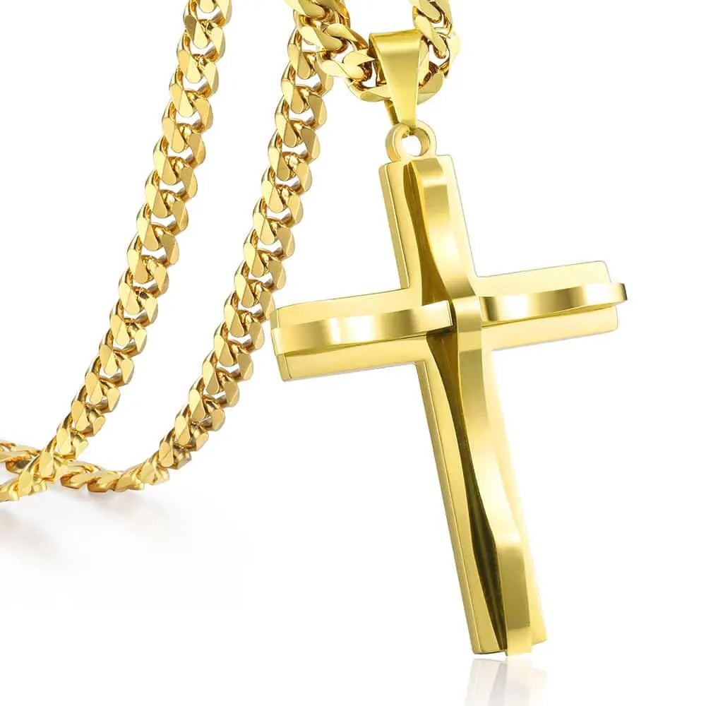 Womens Mens 2pcs Cross Pendant Necklace Layered Gold Color Stainless Steel Curb Cuban Link Chain Wholesale Jewelry