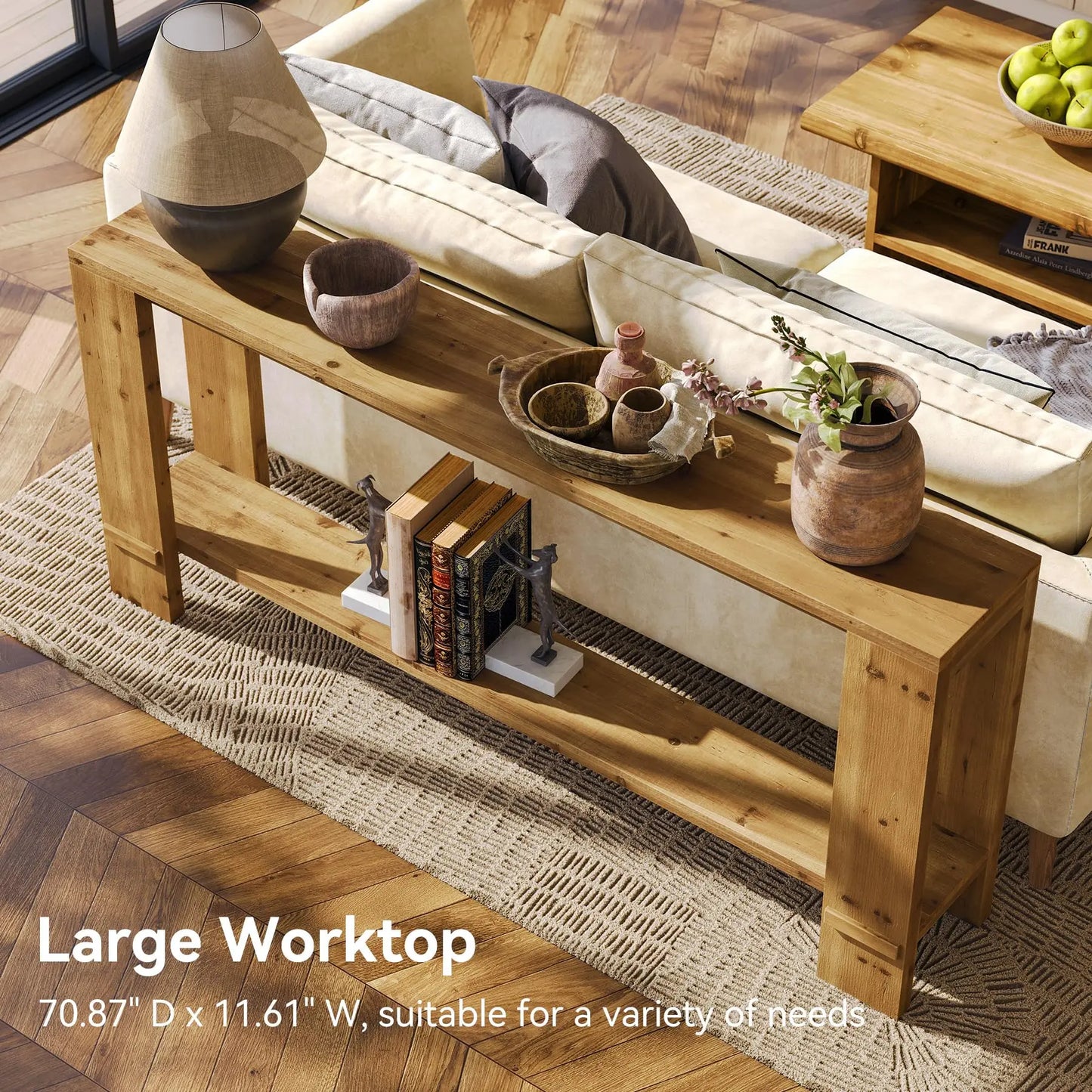 LITTLE TREE 70-Inch Solid Wood Console Table, Sofa Table for Behind Couch, 2-Tier Narrow Entryway Table for Living Room, Hallway