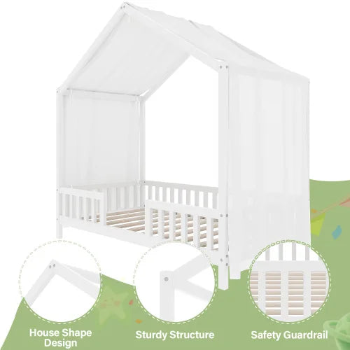Montessori Floor Bed with Canopy, Twin Bed Frame for Kids, House Shape Toddler Bed Frame with High Railings