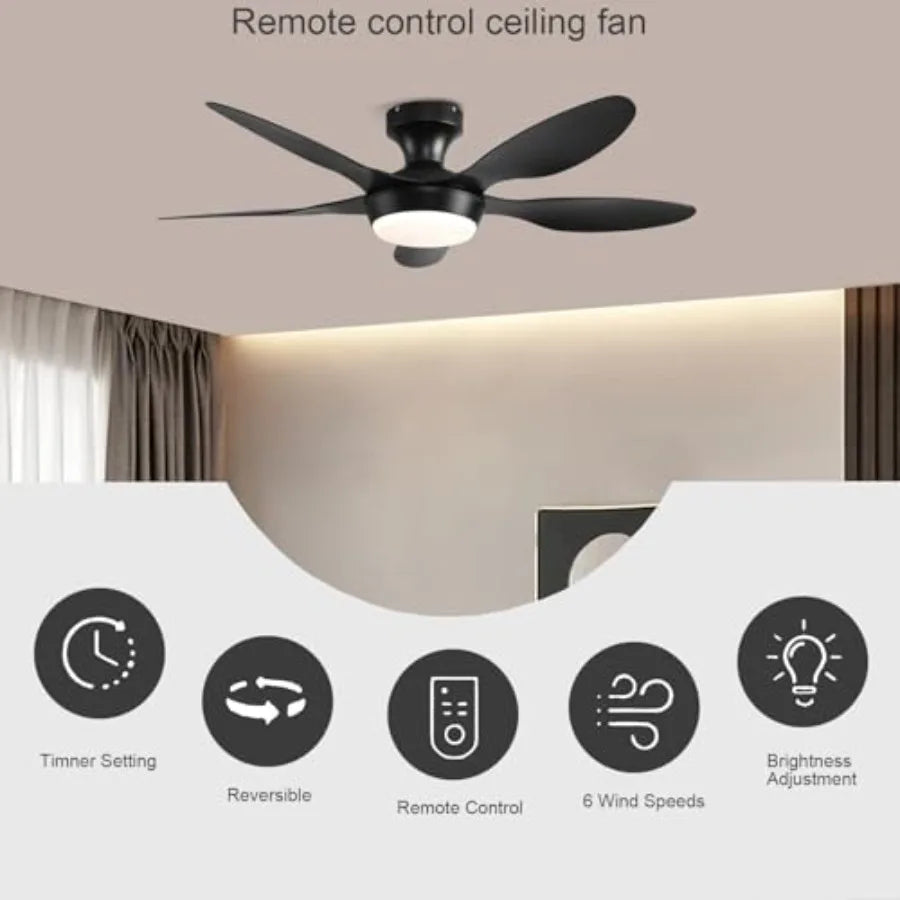 Ceiling Fan with Lights, 46 Inch Low Profile Ceiling Fan with Light and Remote Control, Flush Mount, 6 Speeds Reversible, Dimma