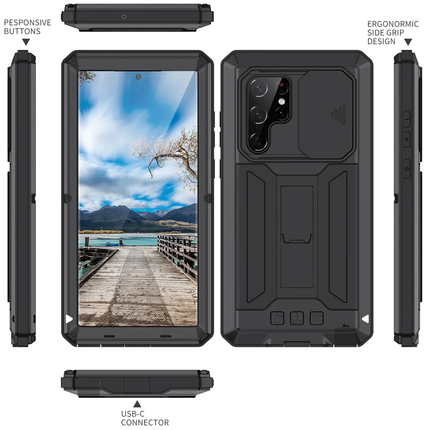 Military Grade Full-Body Rugged for Samsung Galaxy S24 S23 S22 Ultra Plus Case Built-in Kickstand Slide Camera Protective Cover