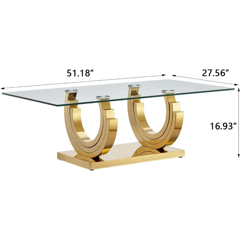 Luxury Gold Glass Coffee Table for Living Room Modern 47" Rectangular Center Table with Ring-Shape Mirrored Stainless Steel Base