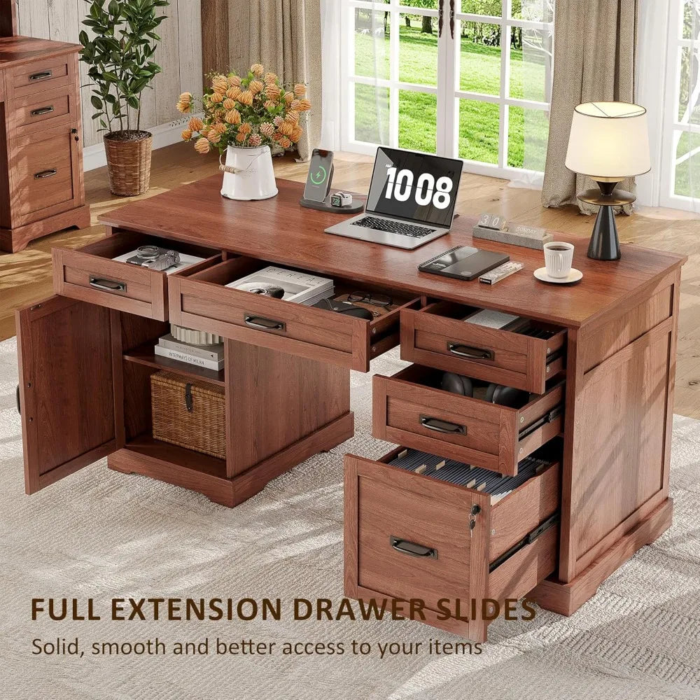 55'' Farmhouse Desk Home Office with Drawers, Executive Computer Desk Wooden with File Cabinet and Charging Station, Cerry Brow