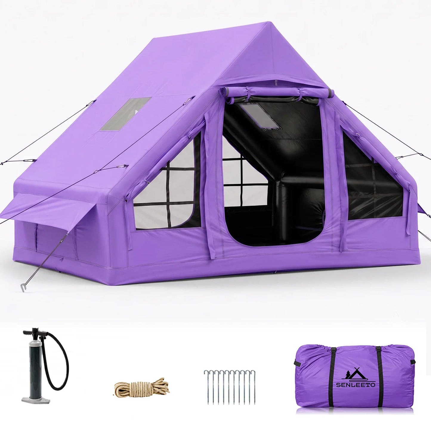 SENLEETO 67.8 SqFt Inflatable Camping Tent for 2-3 Person with Stove Jack,Black Coating Easy Setup Blow Up Tent with Skylight AC Vent Mesh Window