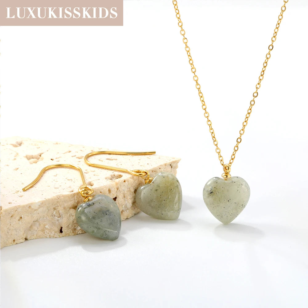 LUXUKISSKIDS Romantic Sweet Heart Jewelry Sets for Woman/Ladies Stainless Steel Love Pendant Peach Hearts Necklace Earrings Gift