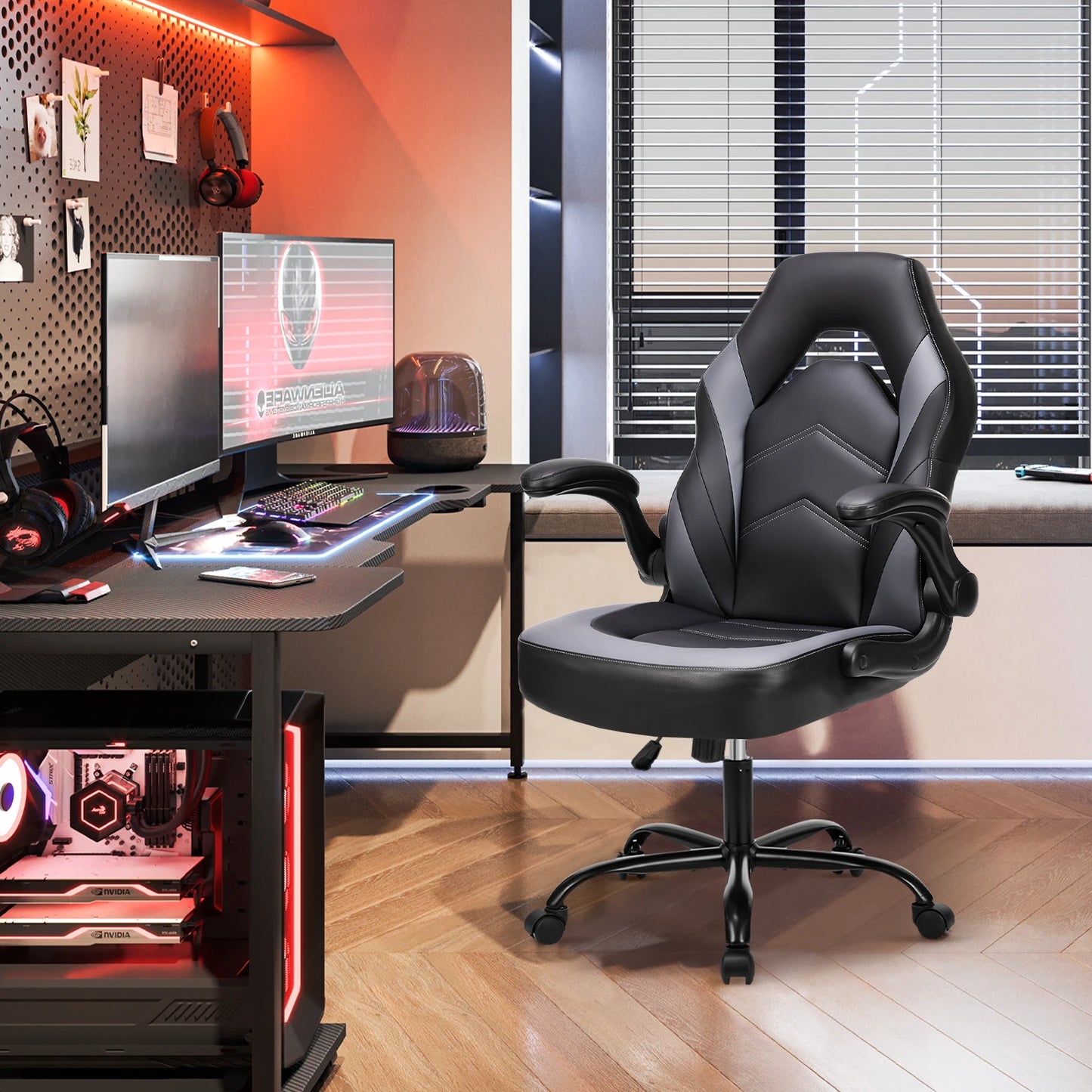 JHK Ergonomic Office Computer Home Gaming Desk Chair Adjustable PU Leather Racing Chair Flip-up Armrest For Christmas Furniture