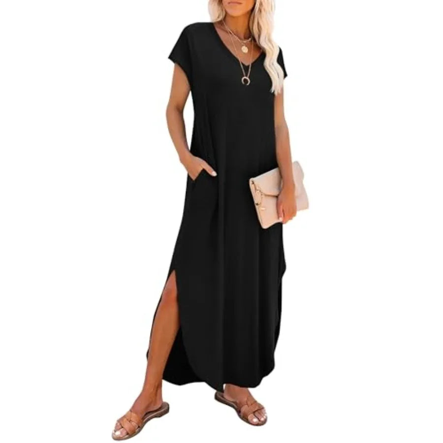 RUMIA Summer Casual Maxi Dresses for Women- Women's V Neck Cap Sleeve Long Sundress with Pockets Beach Vacation