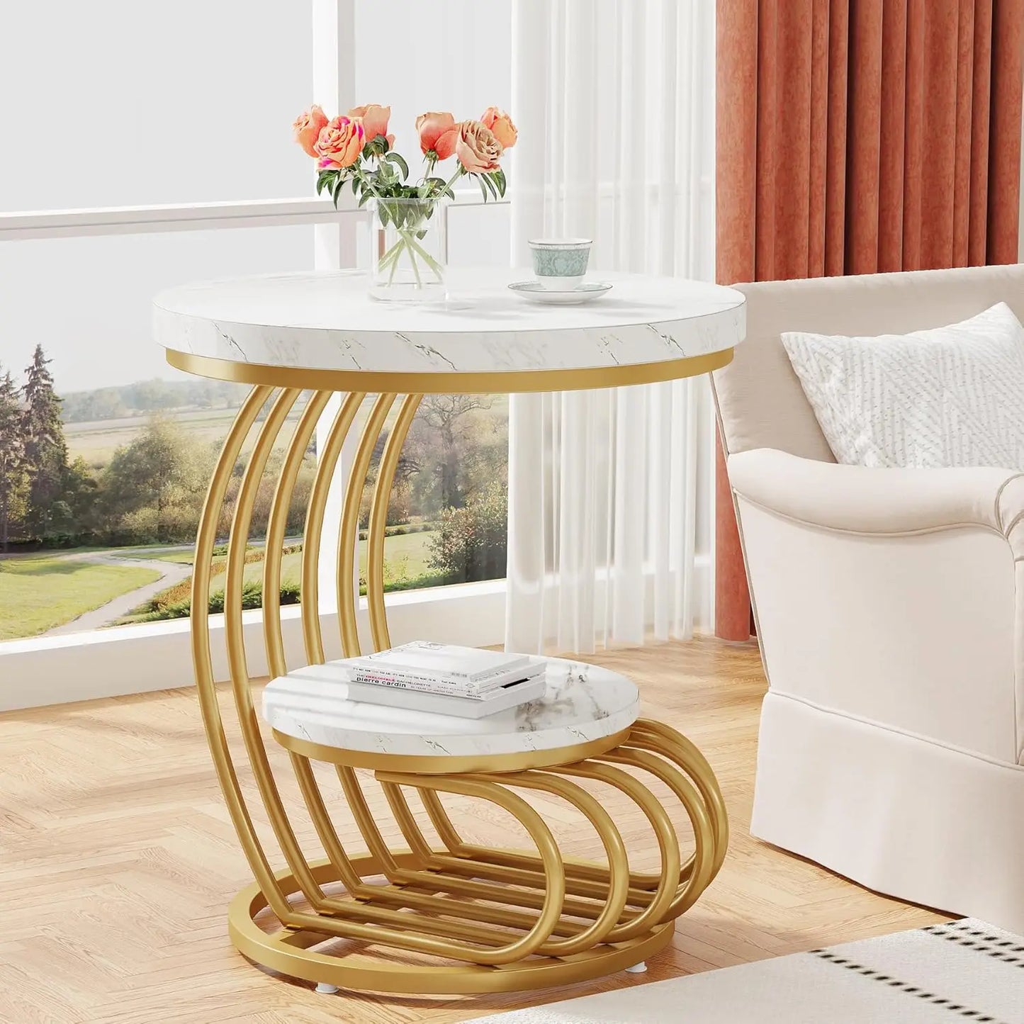 Round End Side Table: Side Table with 2 Tiers Storage Shelves, Small Bedside Table Accent Table with Arc-Shaped Frame