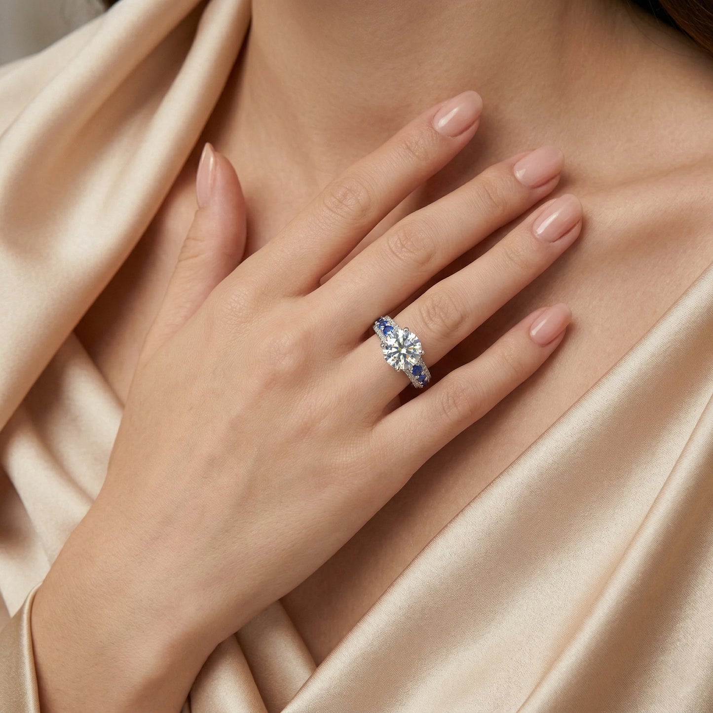 Moissanite Ring, 925 Silver, D Color VVS1, 3ct Sapphire Side Stones, Engagement Jewelry, Women's, Pass Diamond Tester