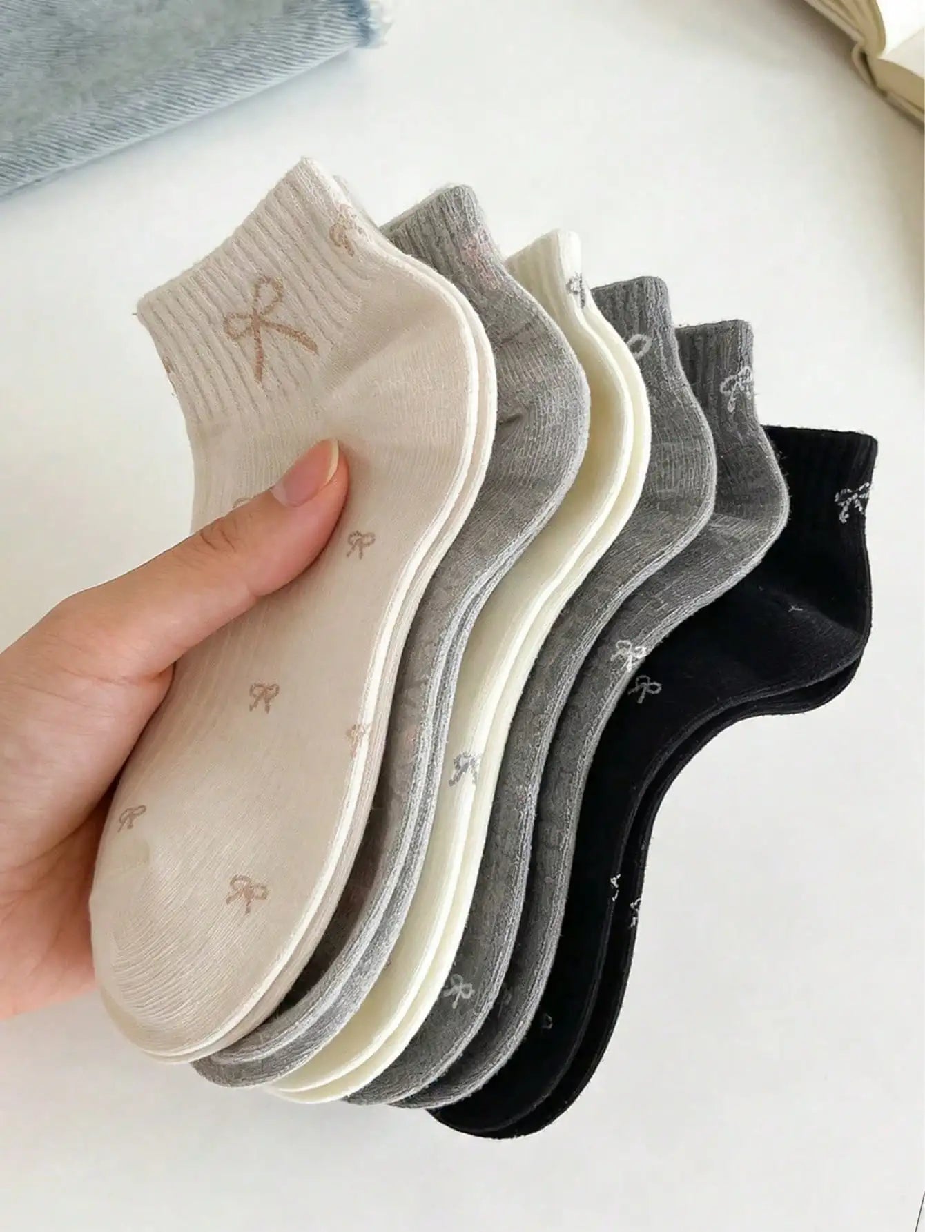 5 Pairs Women's Cute Bow & Floral Pattern Short Socks, Fashionable College Style, Comfortable & Breathable, Versatile For Daily, Sports, Casual Wear, Suitable For Spring, Summer, Autumn