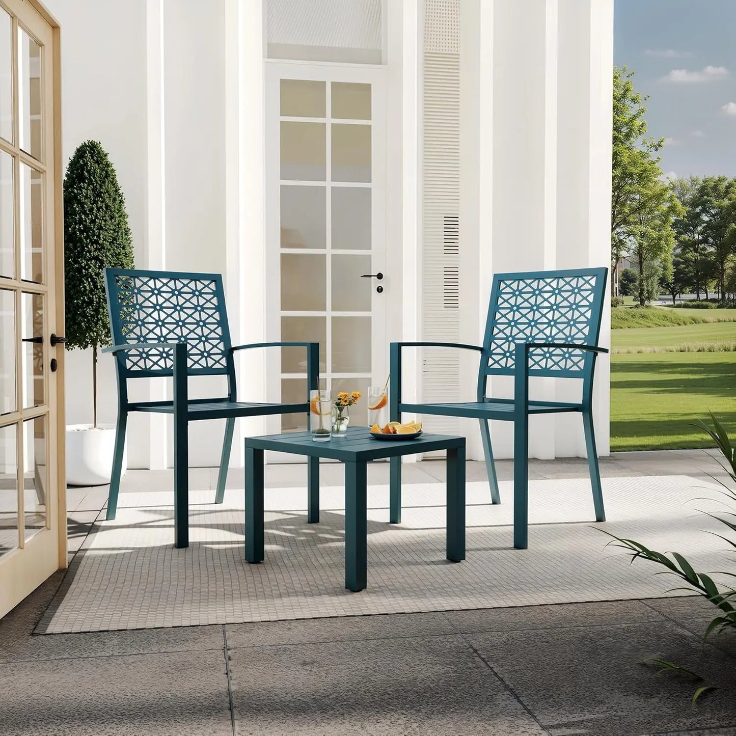 3-Piece Outdoor Bistro Set,Stackable Modern Metal Patio Furniture Set, 2 Chairs&Coffee Table,for Backyard Balcony Garden Lawn