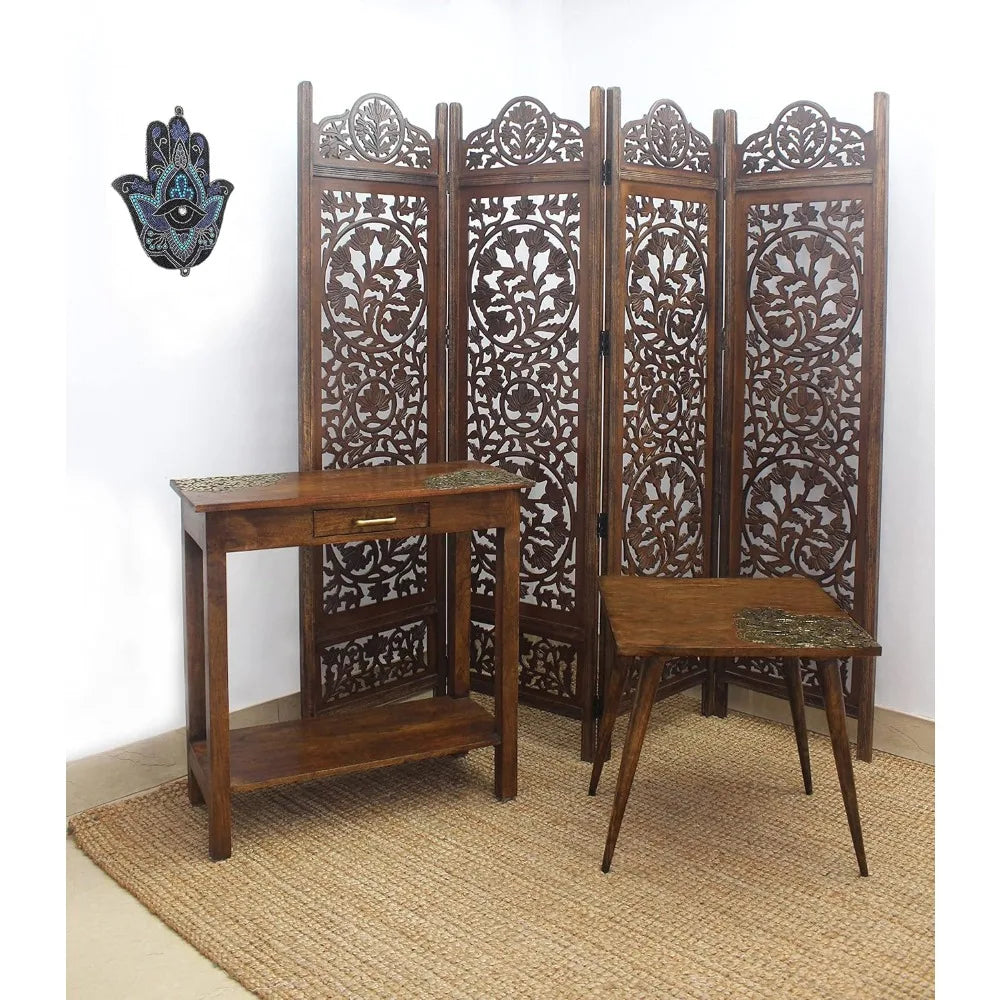 Kamal Antique Brown Room Divider with 4 Folding Panels - 72 x 80 Hand Carved Portable Screen, Reversible Functional Design
