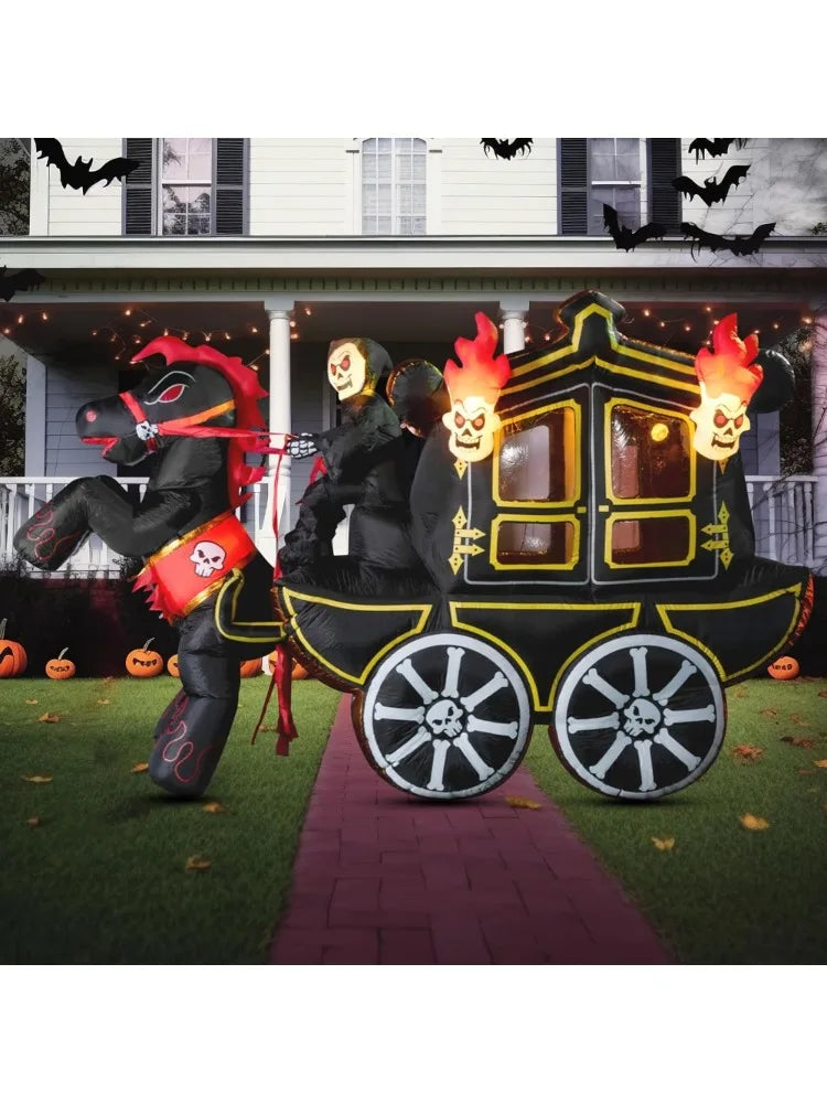 10 Ft Long Halloween Inflatables Carriage Outdoor Decorations with Hellfire Design, Inflatable Carriage with Build-in LEDs Halloween Blow Up for Yard, Party Decoration Outside Garden Lawn, Photobooth Props