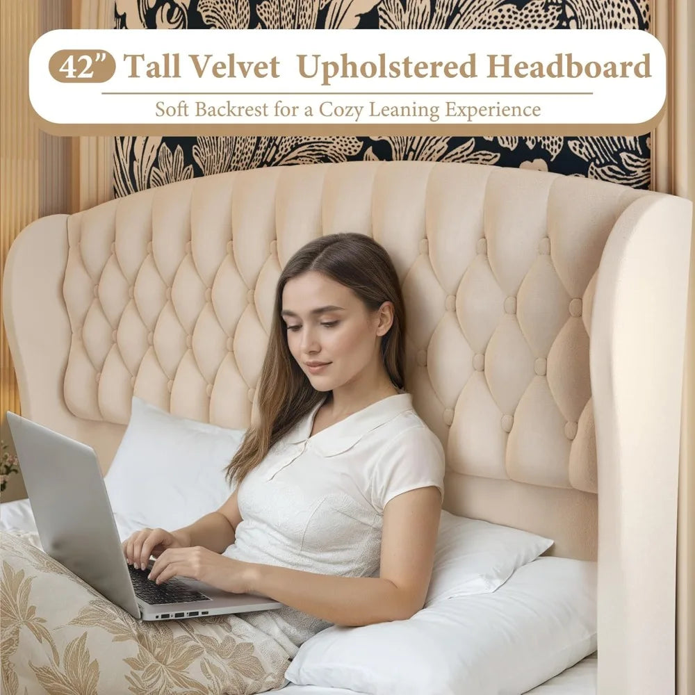 hisoft queen bed frame, 42" tall velvet upholstered sleigh bed with wingback headboard & scrolled footboard, no box spring neede