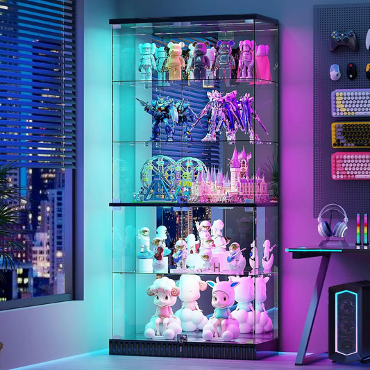 Glass Display Cabinet with RGB Lights - 5-Tiers Curio Cabinet Display Case with Lock, Frameless Tall Showcase, Customized