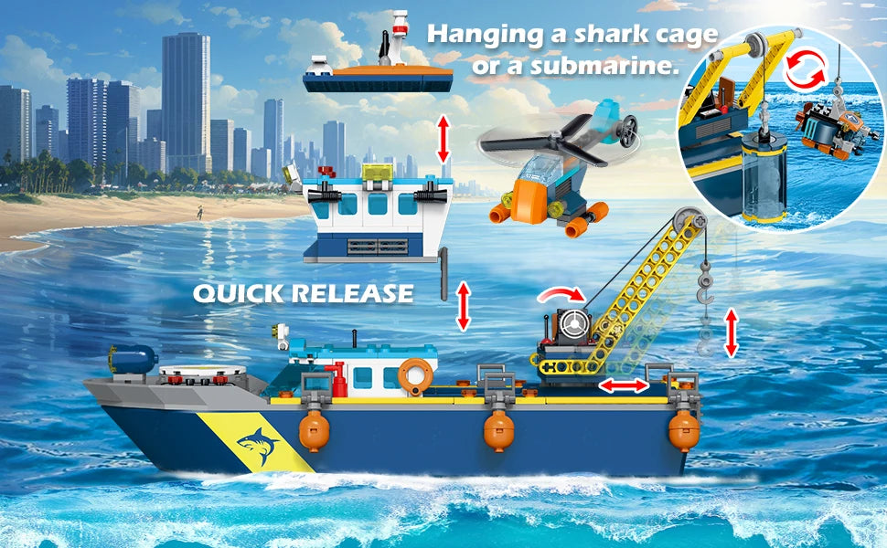 HOGOKIDS Floatable Boat Building Set with LED-Fun Arctic Explorer Ship with Helicopter Sub Shark Cage Birthday Gift for 6+kids