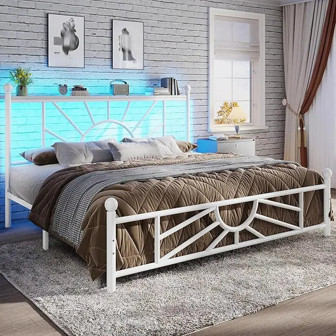 Metal Queen Bed Frame with Headboard and Footboard, Queen Size Bed Frame with LED Light, Mattress Foundation with Under Bed Stor