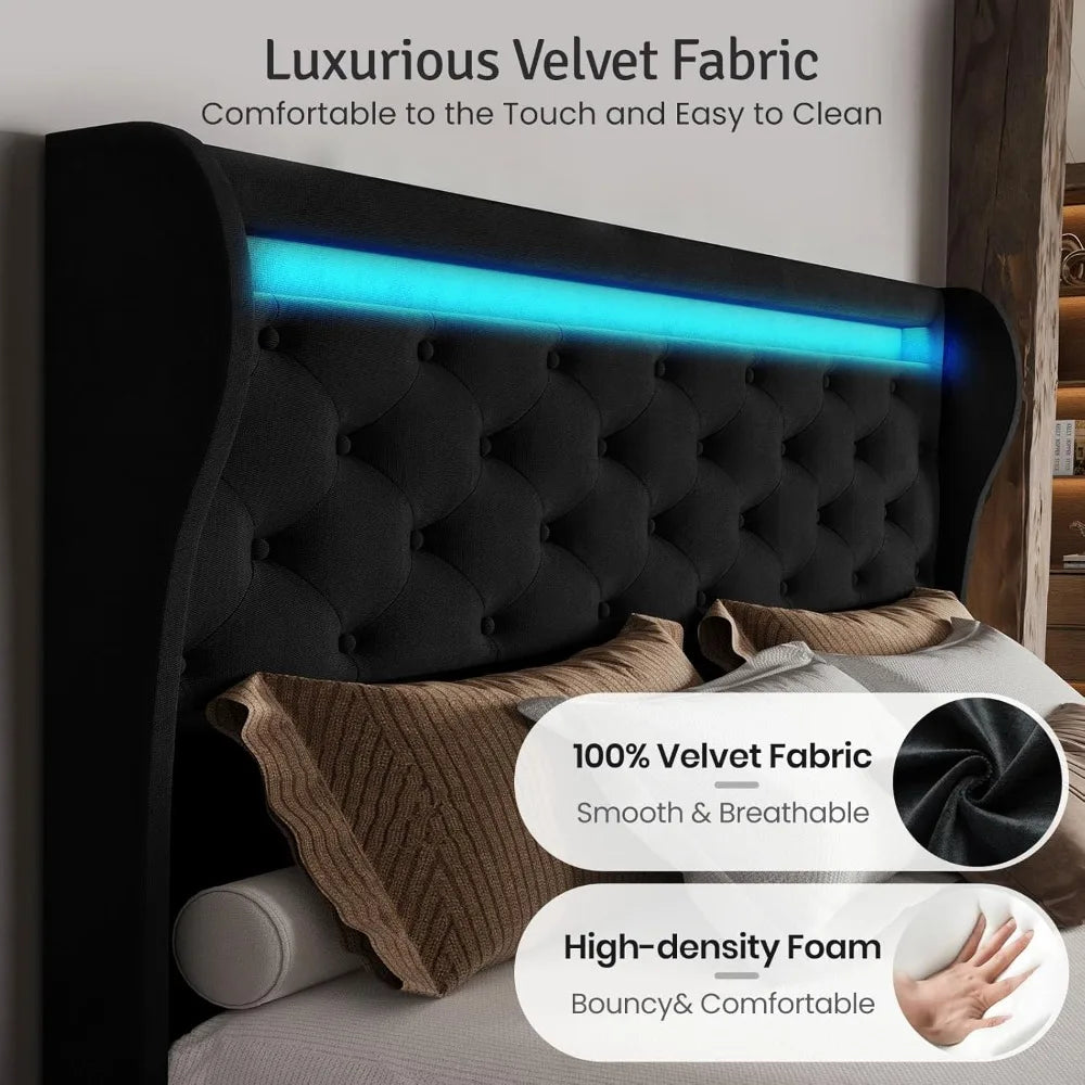 Queen Size Velvet Upholstered Platform Bed Frame with 50" Tall Headboard, LED Lights, and 2 USB Ports