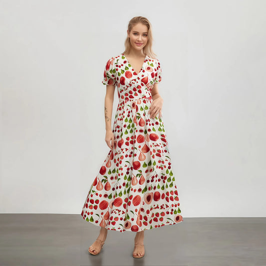 Women s Boho Floral Print Maxi Dress with Short Sleeves and V Neckline Casual Summer Beach Dress with Flowy Fit and Wrap Design
