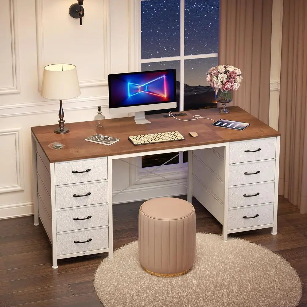 L Shaped Computer Desk with 8 Drawers and Power Outlets for Home Office