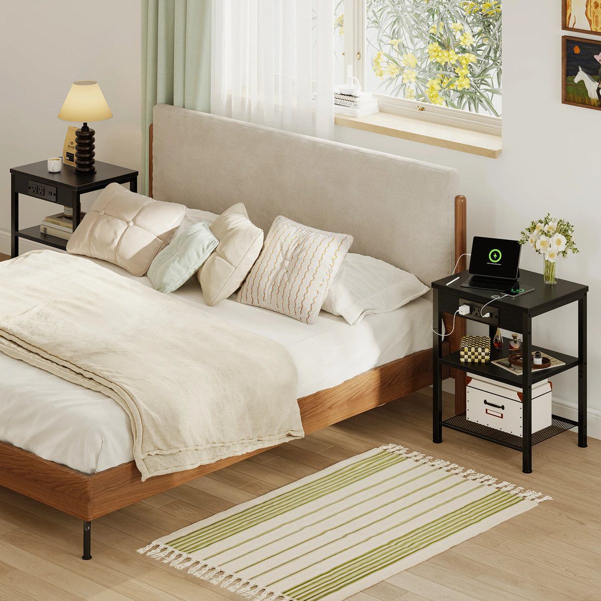 JHK 3 Tier Side Table Nightstand with Charging Station and USB Ports