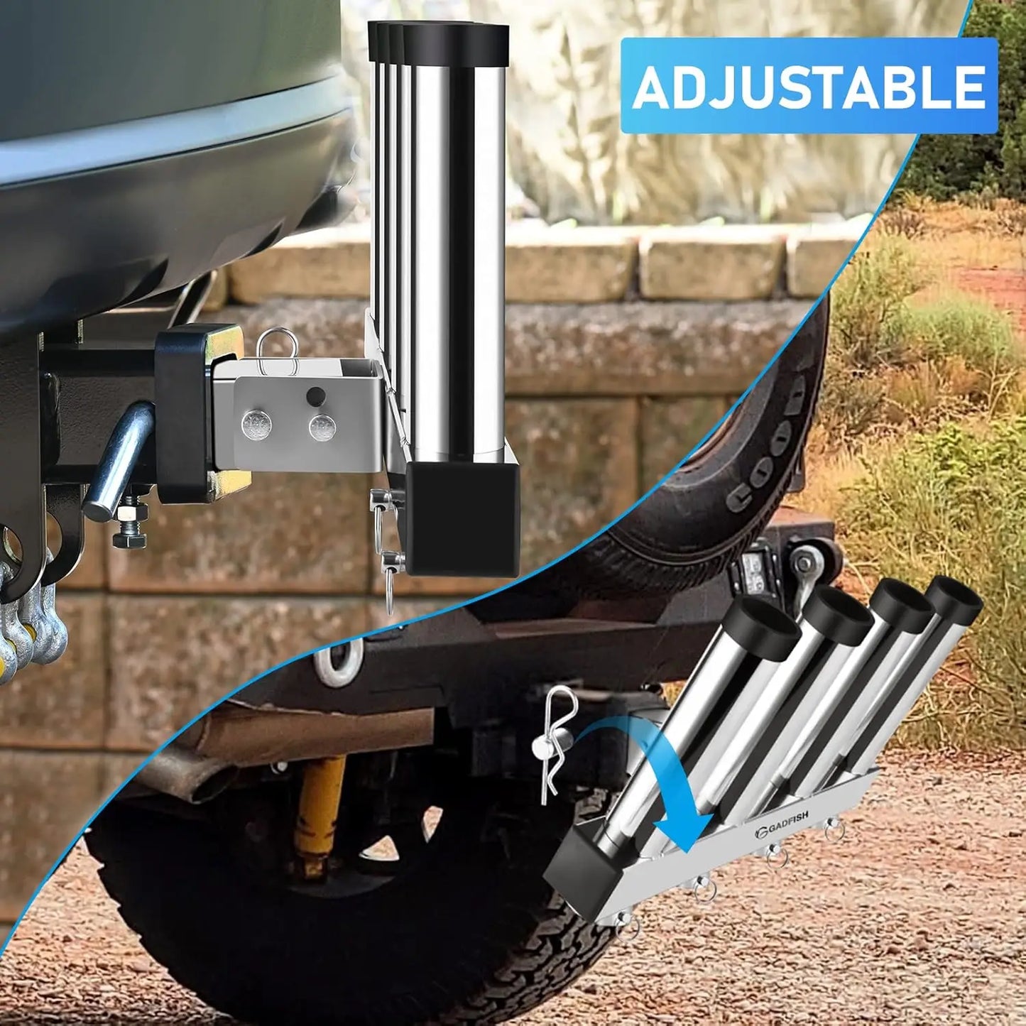 Stainless Steel Hitch Fishing Rod Holder for 2" Receivers, 4 Tube Rack with Quick Release Pin, Adjustable Truck Rod Holder