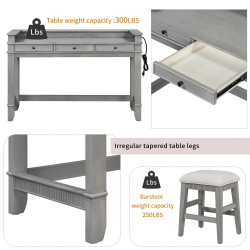 4-Piece Dining Table Set for 3, Retro Kitchen Table and Chairs Set with 3 Storage Drawers, Ideal for Small Spaces (Light Grey)