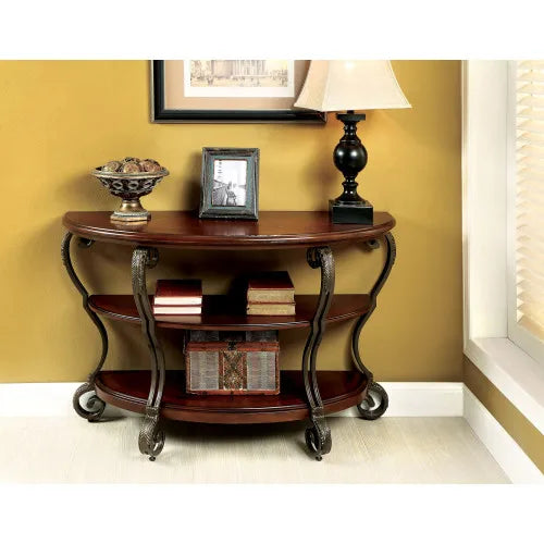 Traditional Brown Cherry Sofa Table With Open Shelf And Ornate Scroll Legs