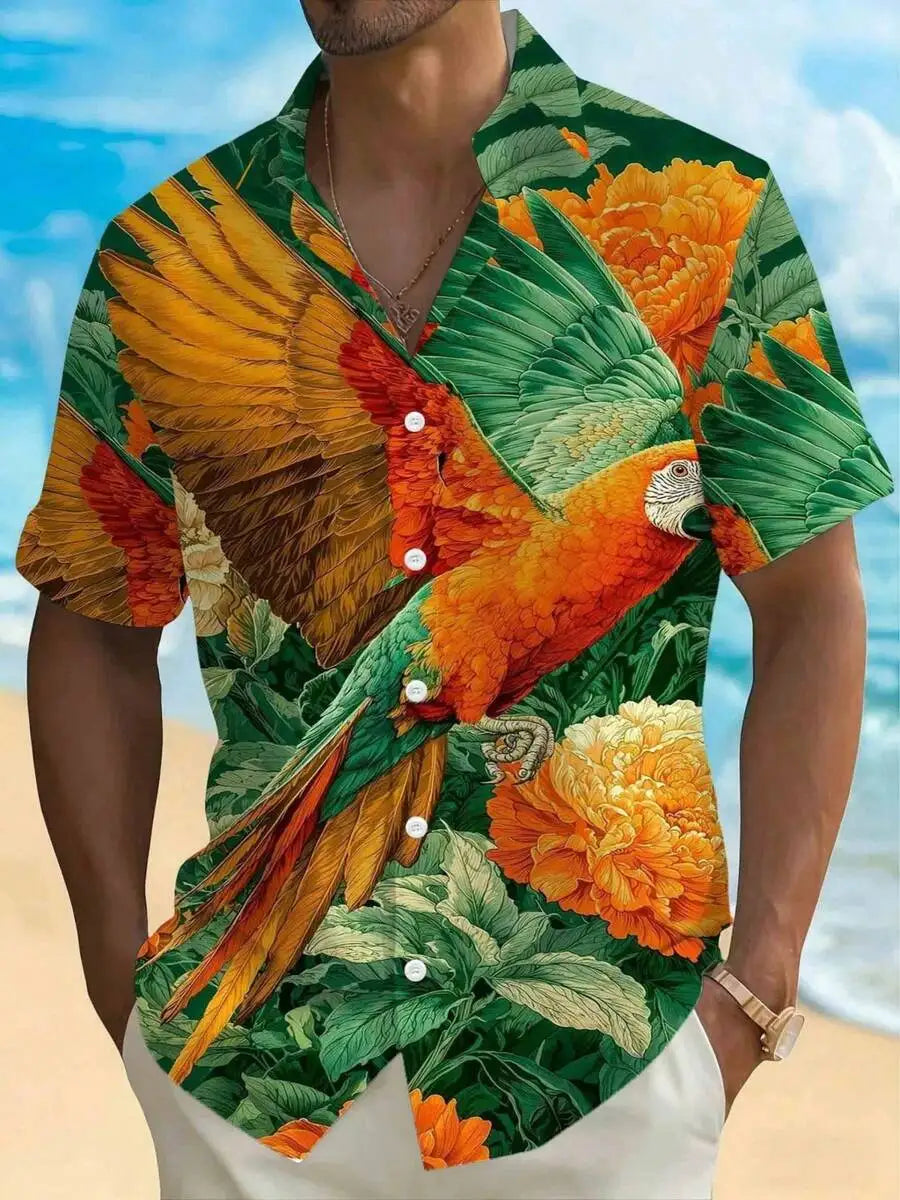 Mens 3D Print Parrot Floral Short Sleeve Casual Beach Shirt