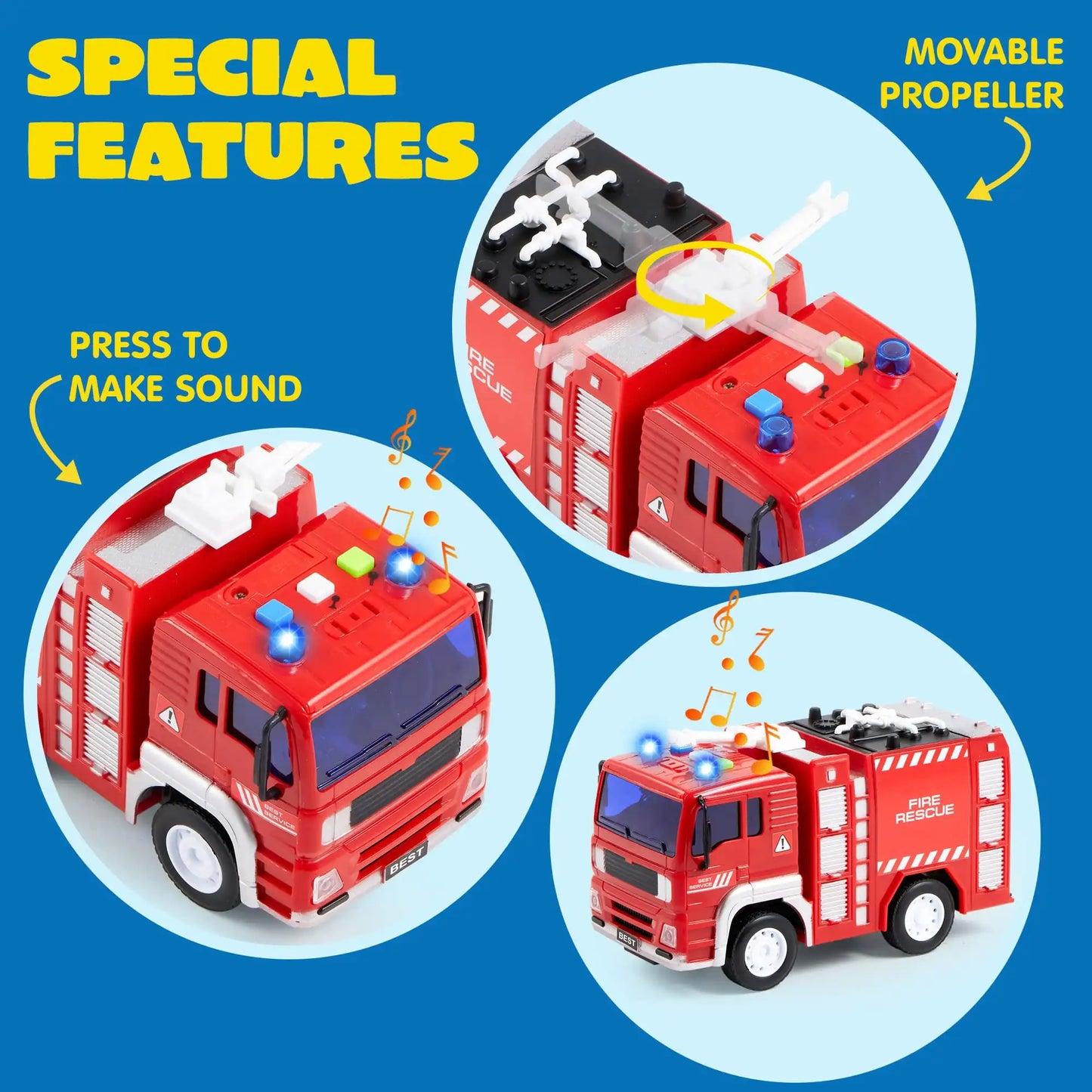 Joyfy 4 Packs Emergency Vehicle Playset Friction Powered Truck Ambulance Fire Truck Police Car Helicopter for Kid Birthday Gifts