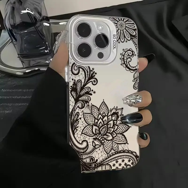 Luxury Lace Florals Pattern Case for IPhone 16 Pro Max 15 Pro 14Plus 13 12 11 Shockproof Anti-slip Hard Phone Protective Cover
